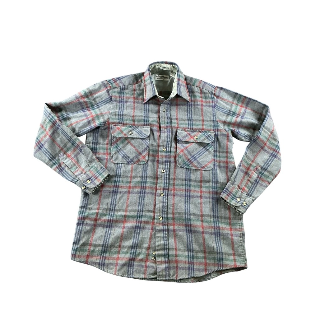 Vintage Sears Roebuck Plaid Flannel Shirt Mens Medium Grey Wool Blend Button Up